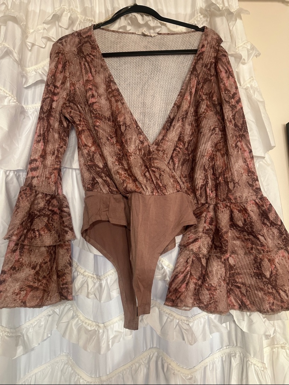 Peach Love California Pink Brown Printed Ruffle Sleeve Surplice Bodysuit
